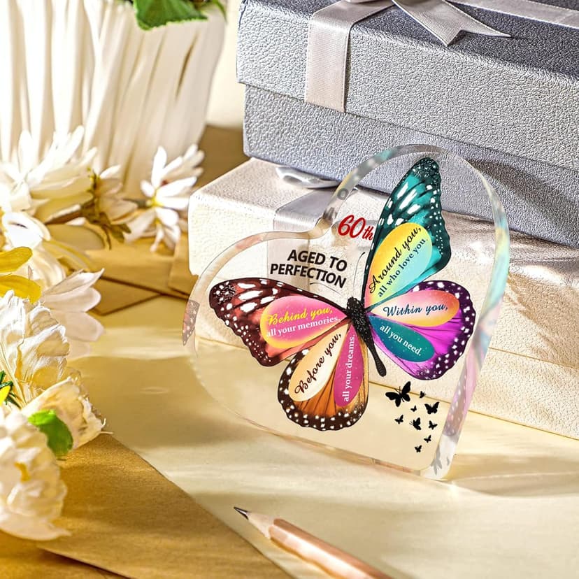 60th Birthday Gifts for Women Men, Acrylic Heart Cake Topper Birthday Decorations Presents, 60 Year Old Bday Gifts for Mom, Aunt, Grandma, Sister, Best Friends, Wife, Her