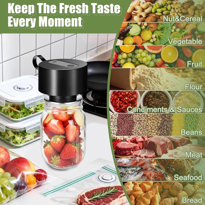 Electric Mason Jar Vacuum Sealer: Upgraded 3-in-1 Portable Vacuum Sealer Kit - for Mason Jars Vacuum Seal Bags & Containers - Ideal for Jams Pickles Dry Foods Grains Black