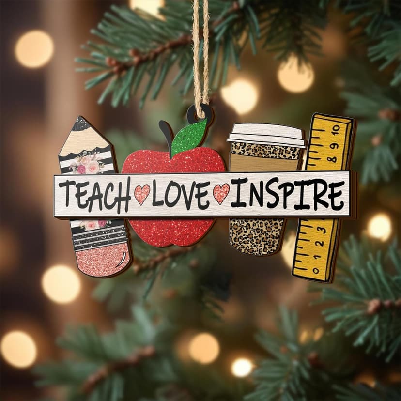 V VIBEPY All Over Printed Teacher Ornament, Teacher Christmas Ornaments Apple Pen Ornaments for Teachers 3.2"x3.5" 2 Layer Ornaments, Gift for Teacher