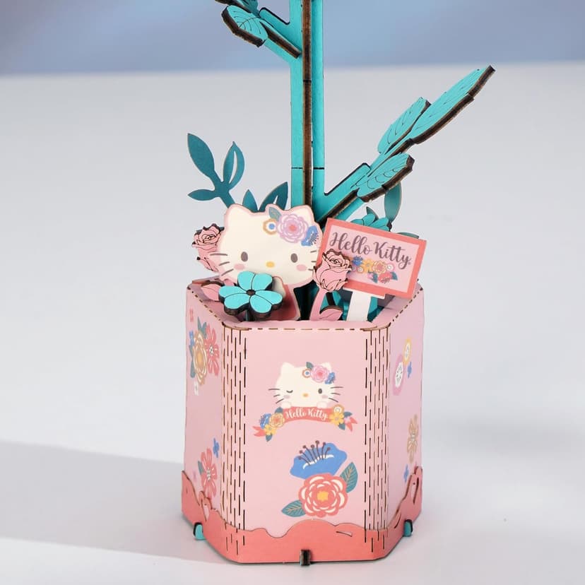 Hands Craft Hello Kitty and Friends Pink Rose 3D Wooden Puzzle Kit | DIY Flower Model | Arts & Crafts for Adults & Kids | Creative Hobby Kits | Hello Kitty Collectible | Wood Building Set