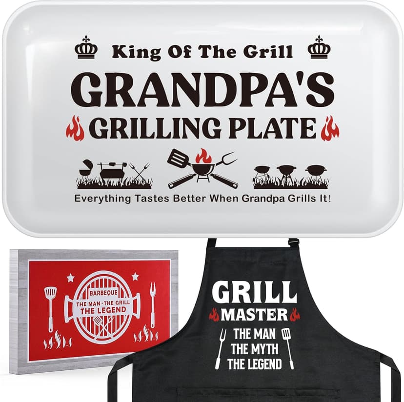 Grandpa Christmas Birthday Gifts,Best Grandpa Gifts from Grandkids,Great Grandfather Grandparents Thanksgiving Xmas Present from Granddaughter Grandson,Funny BBQ Grilling Platter with Apron Sets Gift