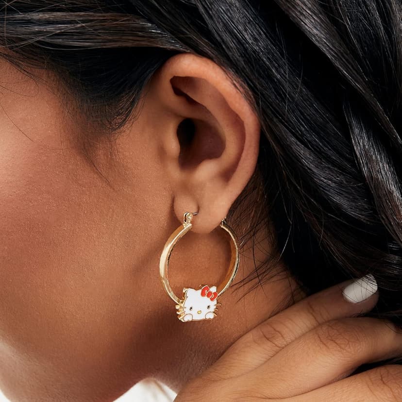 Hello Kitty Hoop Earrings for Women Official License, Gold Tone Flash-Plated and Enamel Sanrio Earrings