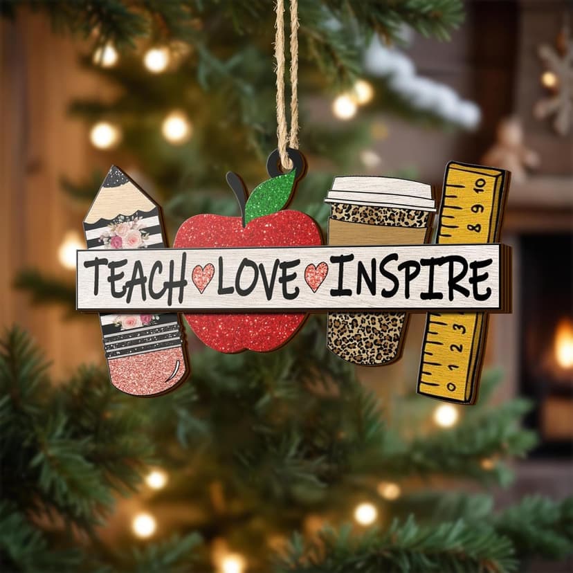 V VIBEPY All Over Printed Teacher Ornament, Teacher Christmas Ornaments Apple Pen Ornaments for Teachers 3.2"x3.5" 2 Layer Ornaments, Gift for Teacher