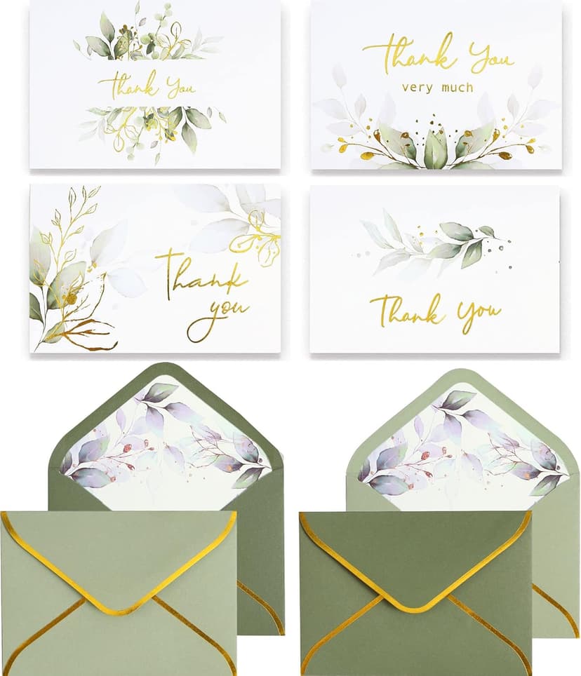 Winoo Design 100 PK Luxurious Gold Thank You Cards with Envelopes Bulk Sage Green - 5x3.5 Inches Wedding Thank You Notes Baby Shower Greenery Bridal Shower Small Business