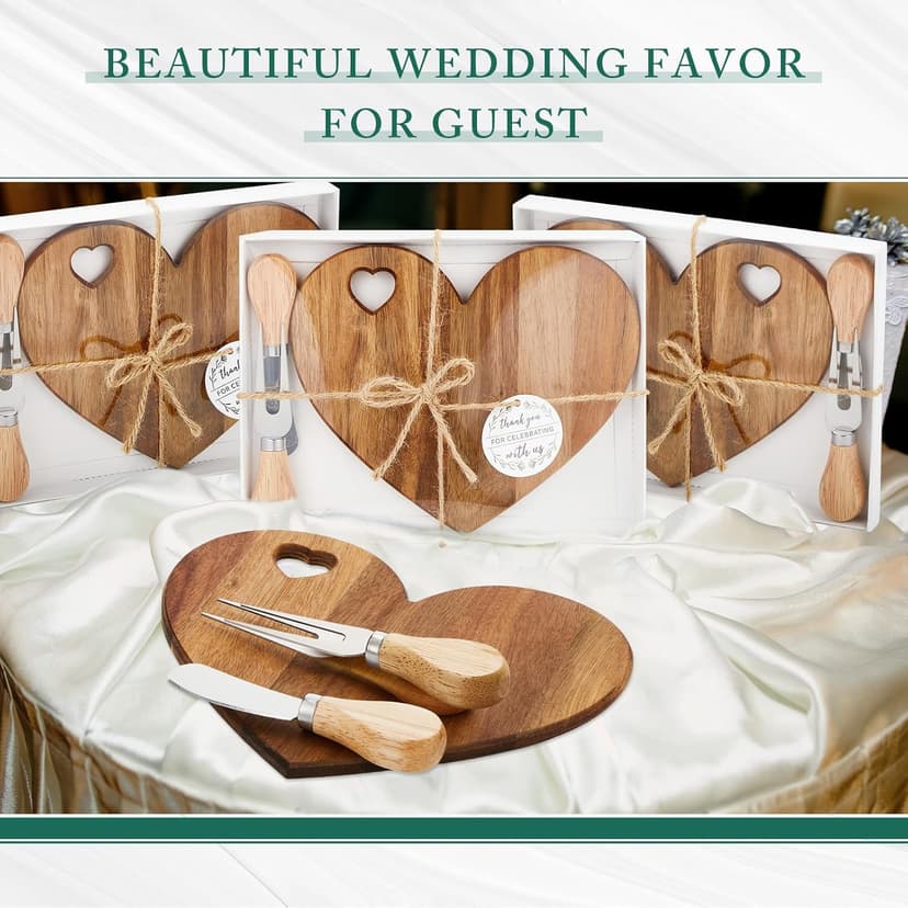 Patelai 12 Set Bridal Shower Favor Heart Cheese Board Cheese Knives Wood Mini Charcuterie Board Thank You Gift Box for Guest Bridal Baby Shower Prize Wedding Birthday Valentines (Acacia Color)