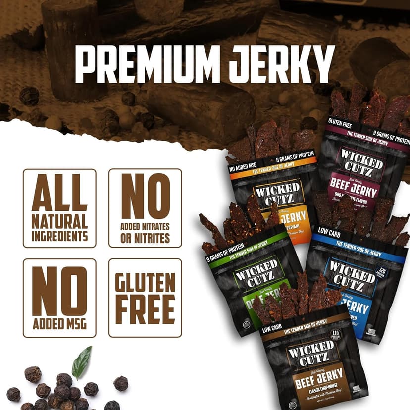 Wicked Cutz Beef Jerky Variety Pack, 5 Flavors & Up to 36g Protein Per Bag, Tender & Easy to Chew Alternative to Beef Sticks, USA Made High Protein Carnivore Snacks (5 Bags, 1 of Each Flavor)