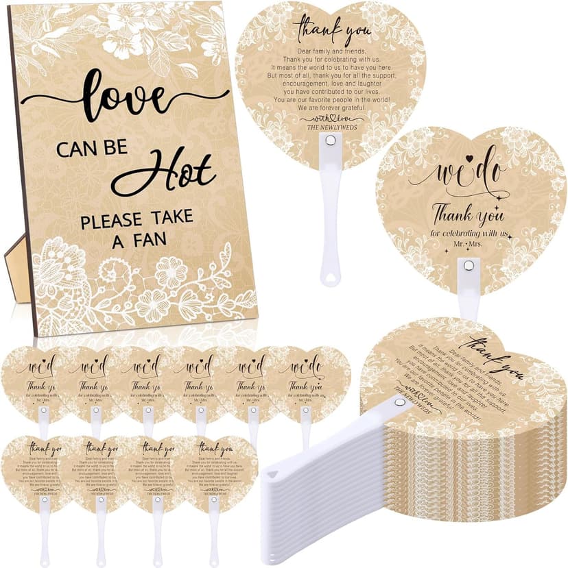 Roowest 101 Pcs Wedding Fans Gifts for Guests 100 Pcs Wedding Hand Plastic Fans and a Table Sign for Bridal Shower Party Favor Appreciation(Wood,Retro Lace)