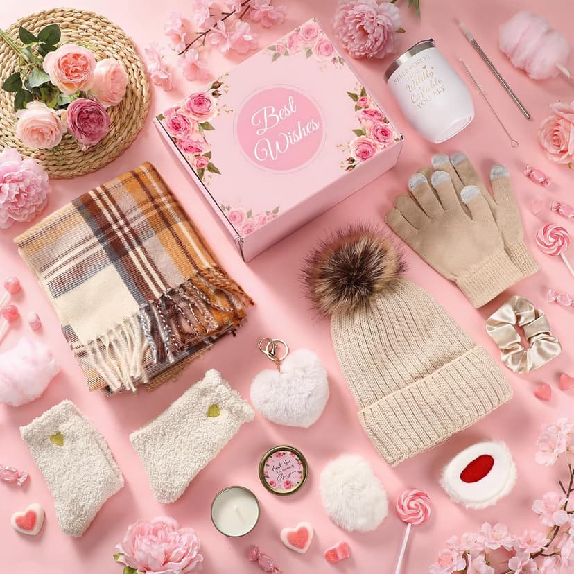 Patelai 11 Pcs Birthday Basket Gifts Set for Women Knitted Winter Beanie Hat Gloves Scarf Earmuff Tumbler Candle Fleece Socks