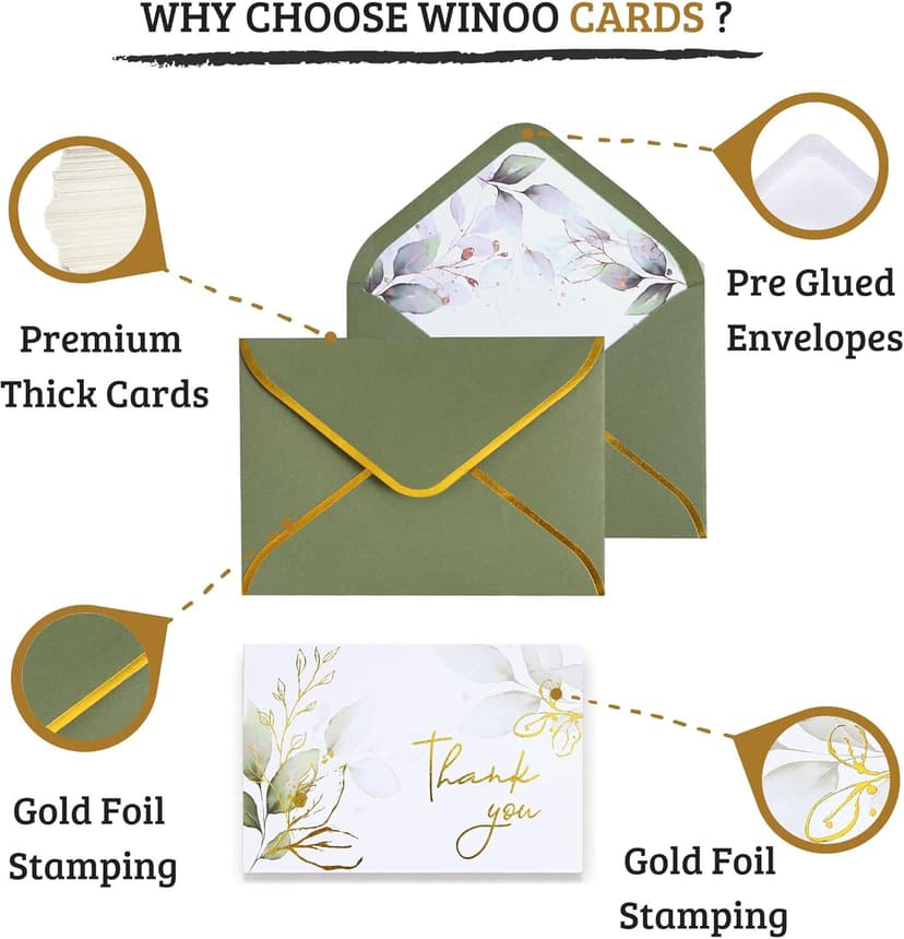 Winoo Design 100 PK Luxurious Gold Thank You Cards with Envelopes Bulk Sage Green - 5x3.5 Inches Wedding Thank You Notes Baby Shower Greenery Bridal Shower Small Business
