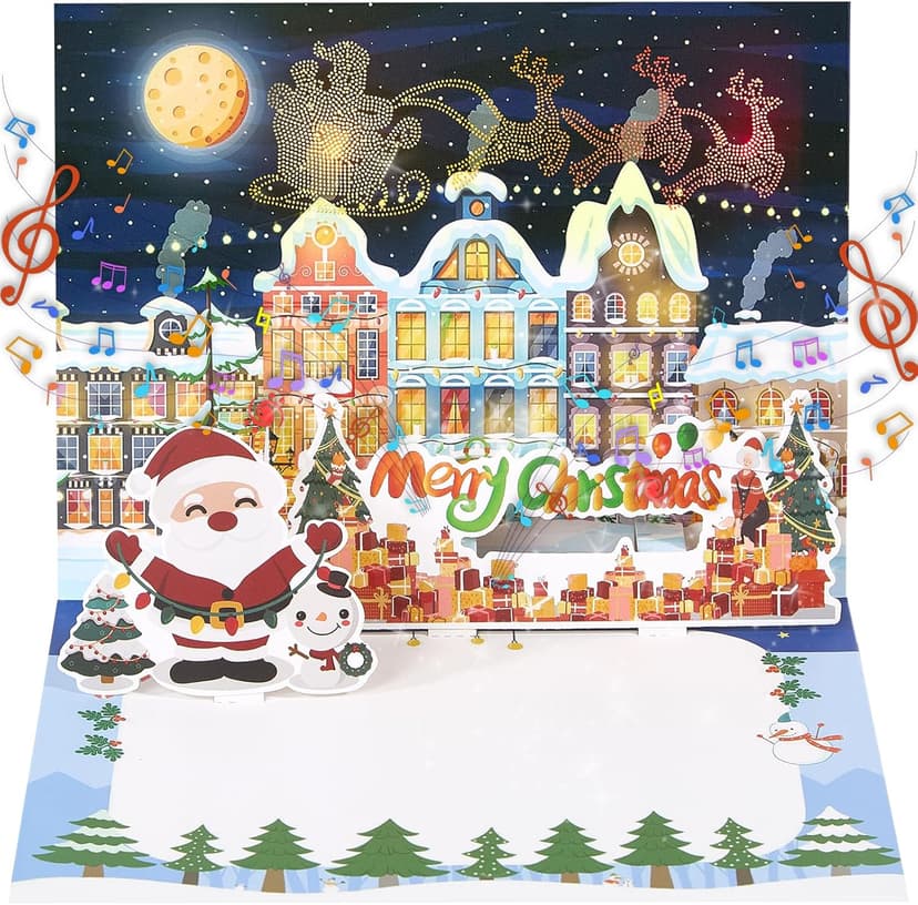 Christmas Cards Large Size, 3D Pop Up Merry Christmas Card with Light and Music, Handmade Christmas Gift Card with Envelope, Musical Greeting Card for Kids Son Daughter Husband Wife