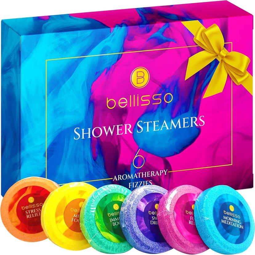 Aromatherapy Shower Steamers Gift Set, Six Fizzies - Uplifting, Relaxing, Stress Relief Scents for Women and Men - Self Care Home Spa Experience - Christmas Day Stocking Stuffers and Relaxation Gifts