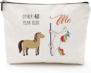 Blue Leaves 40th Birthday Gifts for Women - 1985 Birthday Gifts, 40 Years Old Makeup Bag, Waterproof, Linen, Beige, Zipper Closure, Fashion Pattern, Cosmetic Case