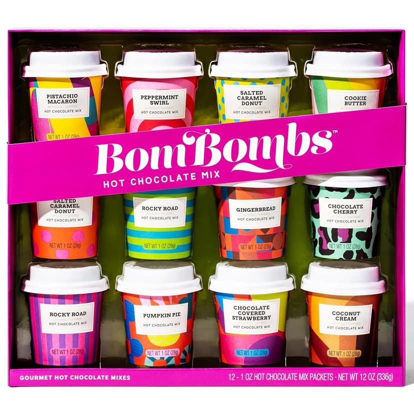 BomBombs, Hot Chocolate Mix Gift Set with Mini Cup Packaging, Dessert Flavors Include Rocky Road, Cookies Butter, Pumpkin Pie & More, Set of 12
