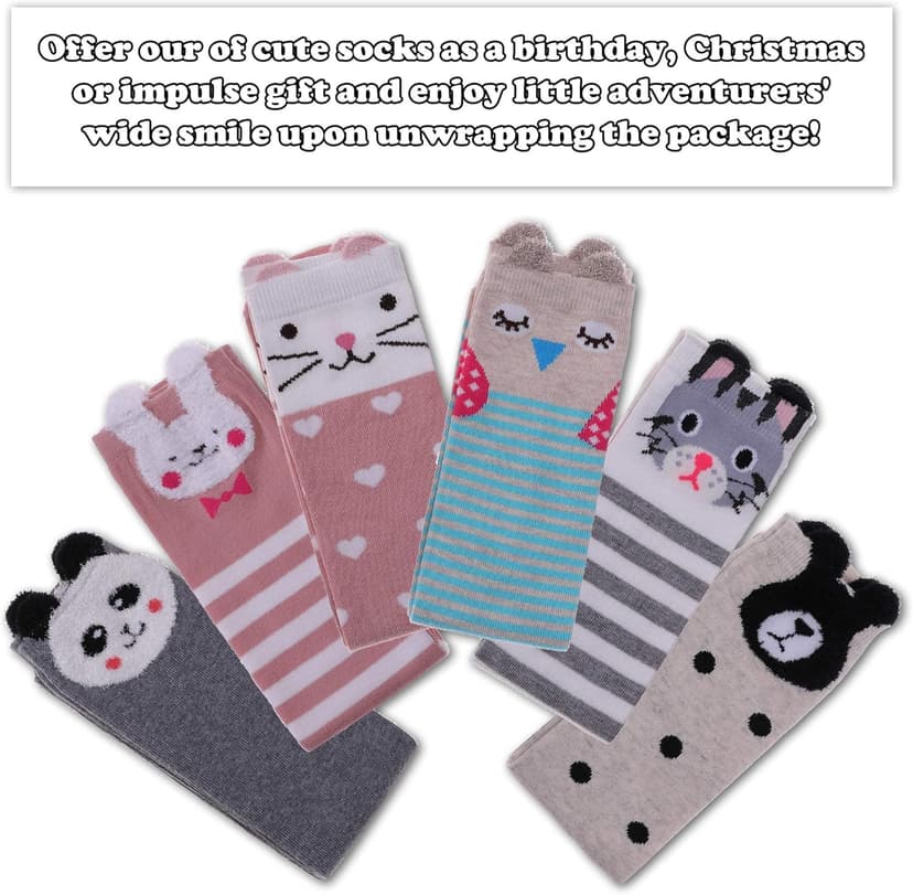 FNOVCO Girls Knee High Socks Kids Crazy Fun Gift Cute Animal Patterns Cotton Long Socks 6 Pairs