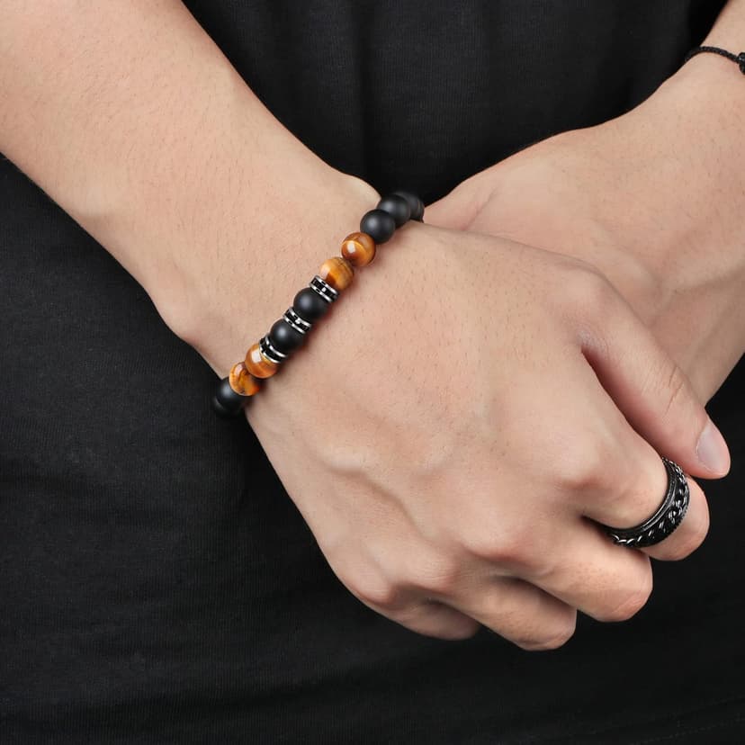 JoycuFF Gifts for Men Natural Tiger Eye Black Matte Agate Bracelets, Christmas Birthday Gifts for Boyfriend Husband Brother from Girlfriend Wife, To My Man Bead Bracelets