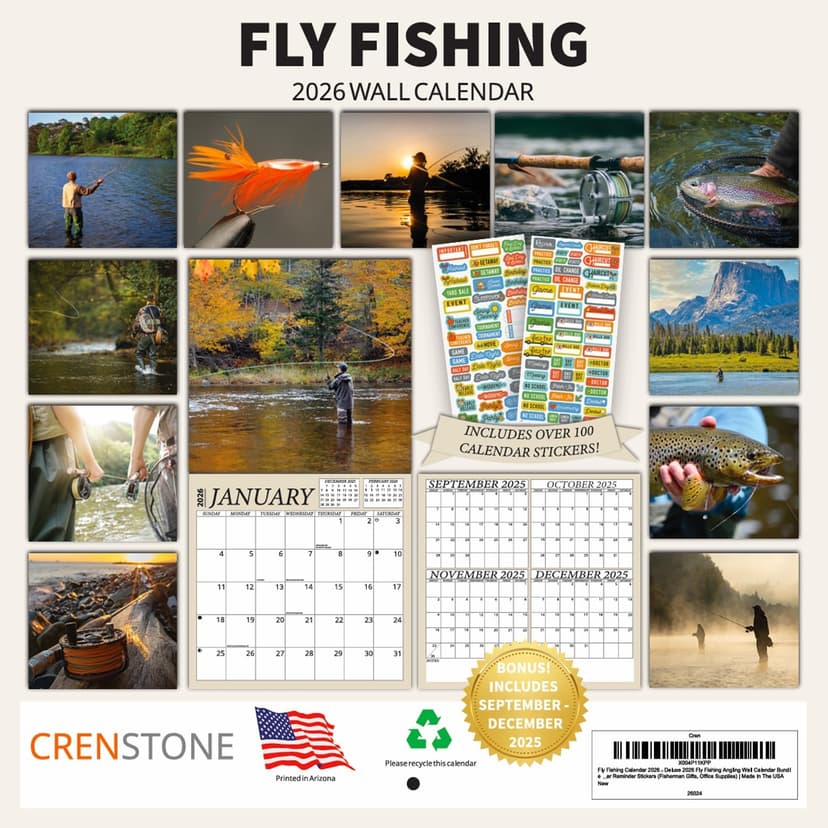 Fly Fishing Calendar 2026 - Angling Wall Calendar Bundle | 12" x 24" Open | 100+ Reminder Stickers | Fisherman Gifts, Office Supplies | Made in USA