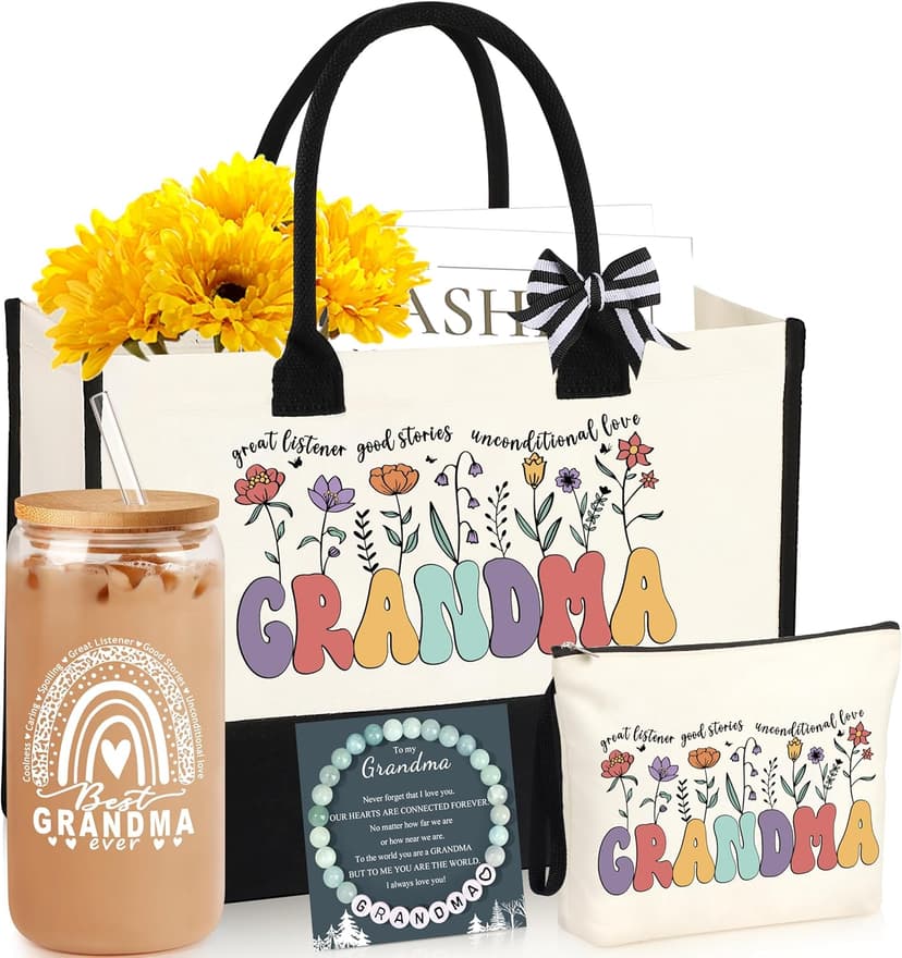Grandma Gifts for Birthday Tote Bag Grandma Gifts Set from Granddaughter Grandson Grandchildren Grandkids Best Grandma Gifts Basket Tote Bag Makeup Bag 16 Oz Can Glass Bead Bracelet