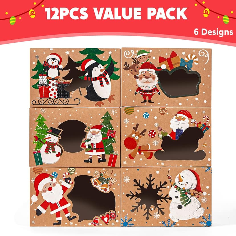JOYIN 12PCS Christmas Cookie Boxes for Gift Giving, 8.75" x 5.75" x 2.75" Xmas Holiday Bakery Treat Boxes with Window, Kraft Cookie Tin Container Box for Baked Goods, Cupcake, Pastry, Candy, Doughnut