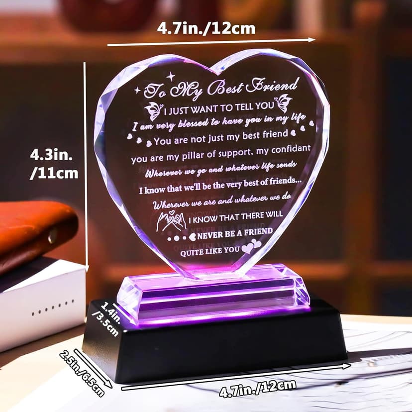 YWHL Best Friend Birthday Gifts with LED Base Bestie Gift for Women Crystal Heart Friendship BFF Gifts for Women Gift Ideas for Best Friend Female on Christmas