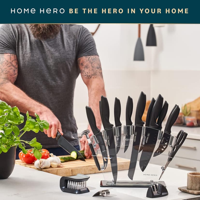 Home Hero Kitchen Knife Set with Sharpener - High Carbon Stainless Steel Knife Block Set with Ergonomic Handles (20 Pcs - Black)