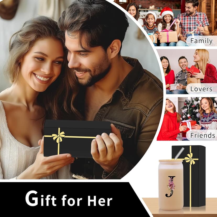 Monogrammed Glass Drinking Cup With Lid Straw Women Her Sister Mom Girlfriend Aunt Best Friend Friendship Grandma Bestie Wife Daughter Law Lady Happy Birthday Gifts Cool Funny Meaningful Unique Cute,J