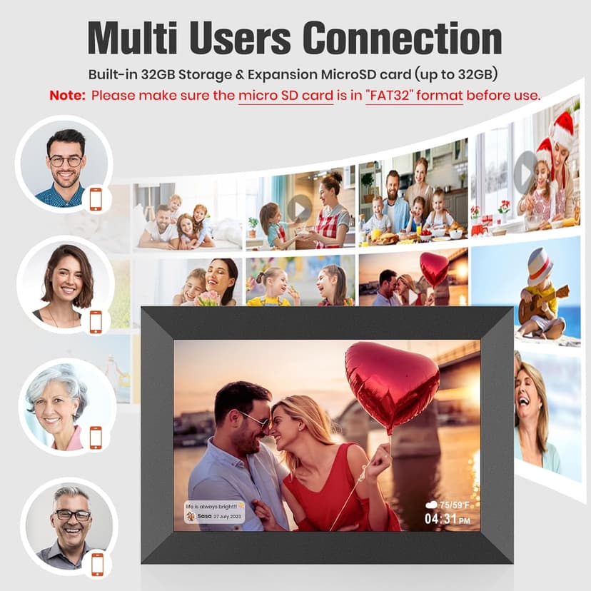 BIGASUO 10.1 Inch WiFi Digital Picture Frame, IPS HD Touch Screen Cloud Smart Photo Frames with Built-in 32GB Memory, Wall Mountable, Auto-Rotate, Share Photos Instantly from Anywhere