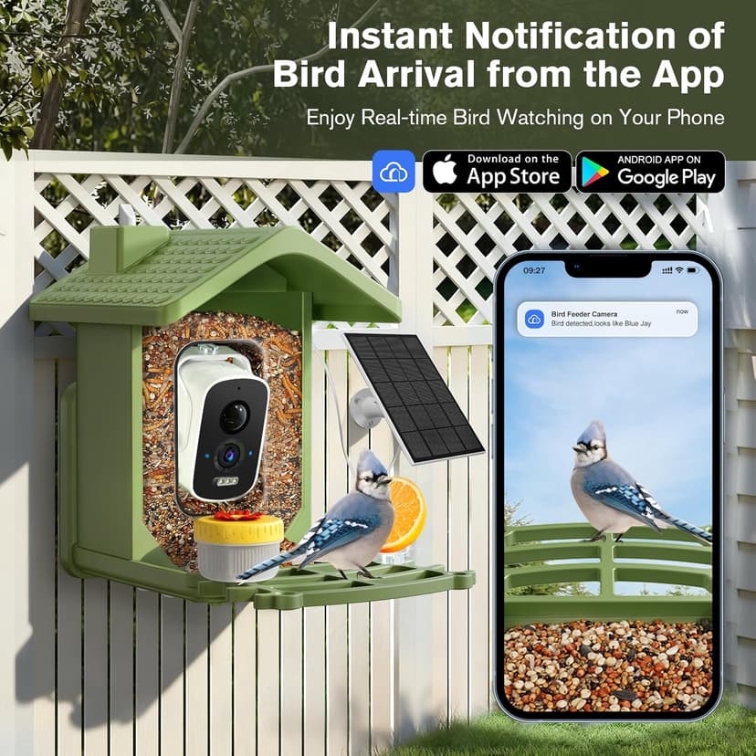Smart Bird Feeder with Camera Solar Powered, AI Birds Species Identification, 2.5K HD Video Bird House with Camera for Outside, Weatherproof Design Ideal Gifts for Christmas, Bird Lovers, Green