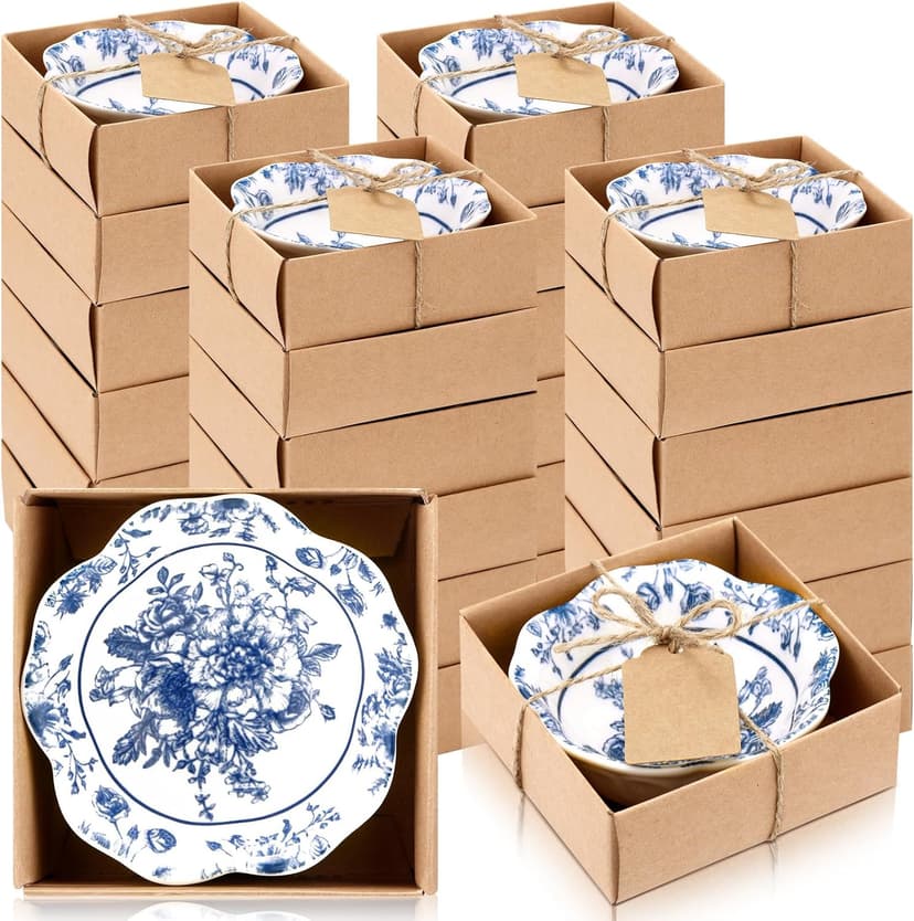 24 Pcs Wedding Favors for Guests Small Ceramic Bowl Bulk Gifts Set 3.3 Inch Floral Design Mini Dipping Bowl Sauce Dish with Cards Box for Bridal Baby Shower Birthday Guest Gift (Blue)