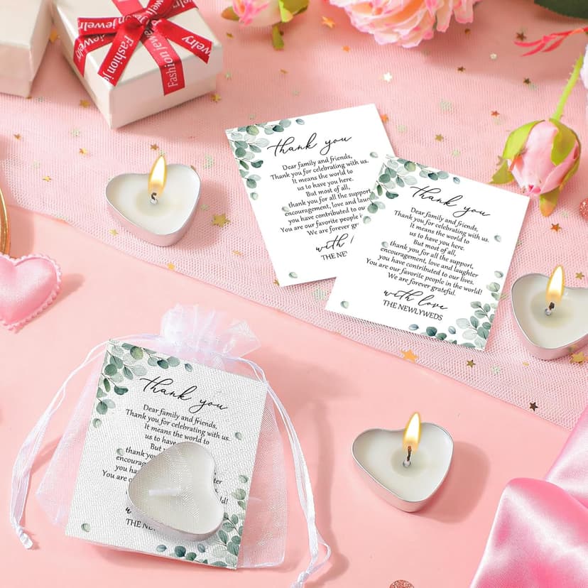 100 Sets Wedding Gifts for Guests Heart Shaped Candles Mini Candles Wedding Candle Gifts for Guests Thank You Cards and Organza Bags for Bridal Shower Party Favors