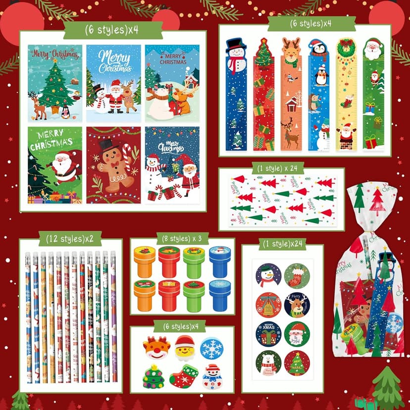 168 PCS Christmas Party Favors for Kids, 24-Pack Christmas Stationery Set for Stocking Stuffers, Christmas-Themed Classroom Gift Exchange Carnival Events Class Reward Gifts and Prizes
