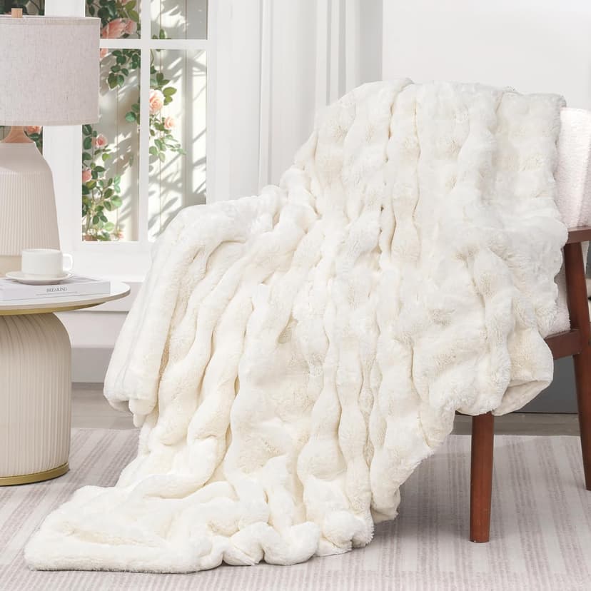 Touchat Luxury Faux Rabbit Fur Throw Blanket for Couch, Super Heavy Warm Cozy Fuzzy Blanket for Sofa Bedroom Living Room, Ultra Soft Fluffy Reversible Plush Blanket for Home Decor Gifts,Cream White