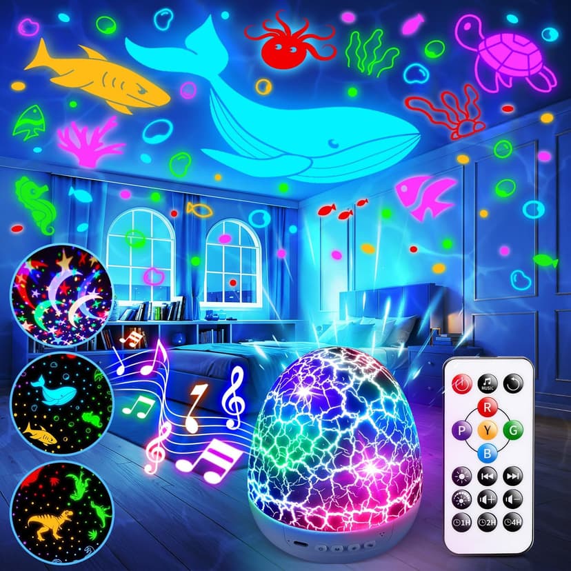 Baby Toys Sensory Toys for Boys Sound Machine Night Light Projector Autism Toys Kids Christmas Gifts | 15 White Noise 3D Films 31Colors Remote Control Night Light for Kids, Baby Boy Gifts Egg Light