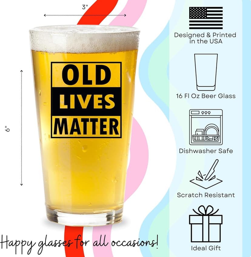 Old Lives Matter Beer Glass – Funny Gifts for Men, Dad, Husband or Grandpa – Gag Retirement Gift, Birthday Present (40th, 50th, 60th, 70th, 80th, 90th), Father’s Day or Christmas Stocking Stuffer”