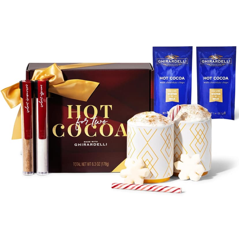 Hot Cocoa for Two Gift Set Made with Ghirardelli, Includes 2 Mugs, 2 Hot Cocoa Mixes, 2 Sugar Toppings, 2 Peppermint Stirrers & 2 Snowflake Marshmallows