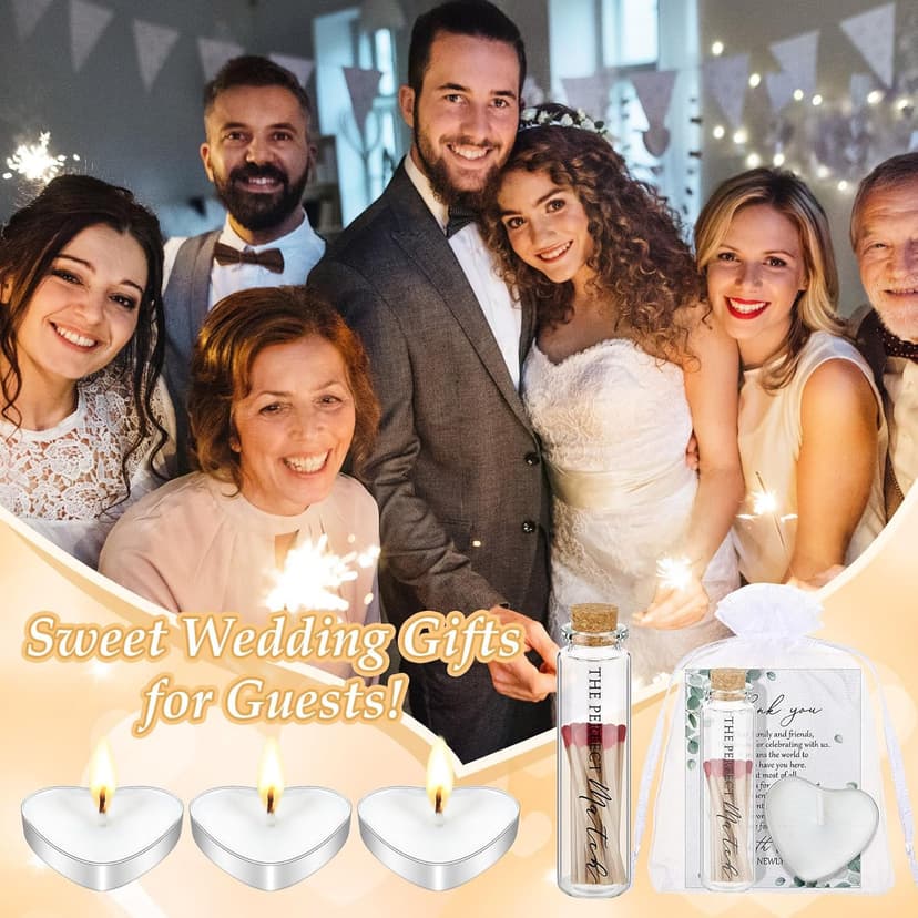 50 Sets Wedding Party Favors for Guests Bulk Including Mini Heart Shaped Candles and Empty Matches Jars with Cork Top Thank You Cards and Organza Bags for Wedding Bridal Shower Party Souvenir