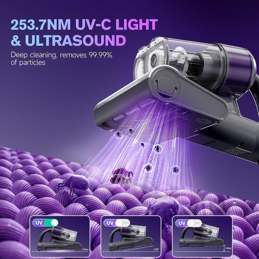 Mattress Vacuum Cleaner, 18Kpa Handheld Bed Vacuum Cleaner with 253.7nm UV-C Light, HEPA Filter & Ultrasoni, 150℉ Heat, Smart Dual Cup, and One-Click ash Removal for Bed, Sofa(Gray)