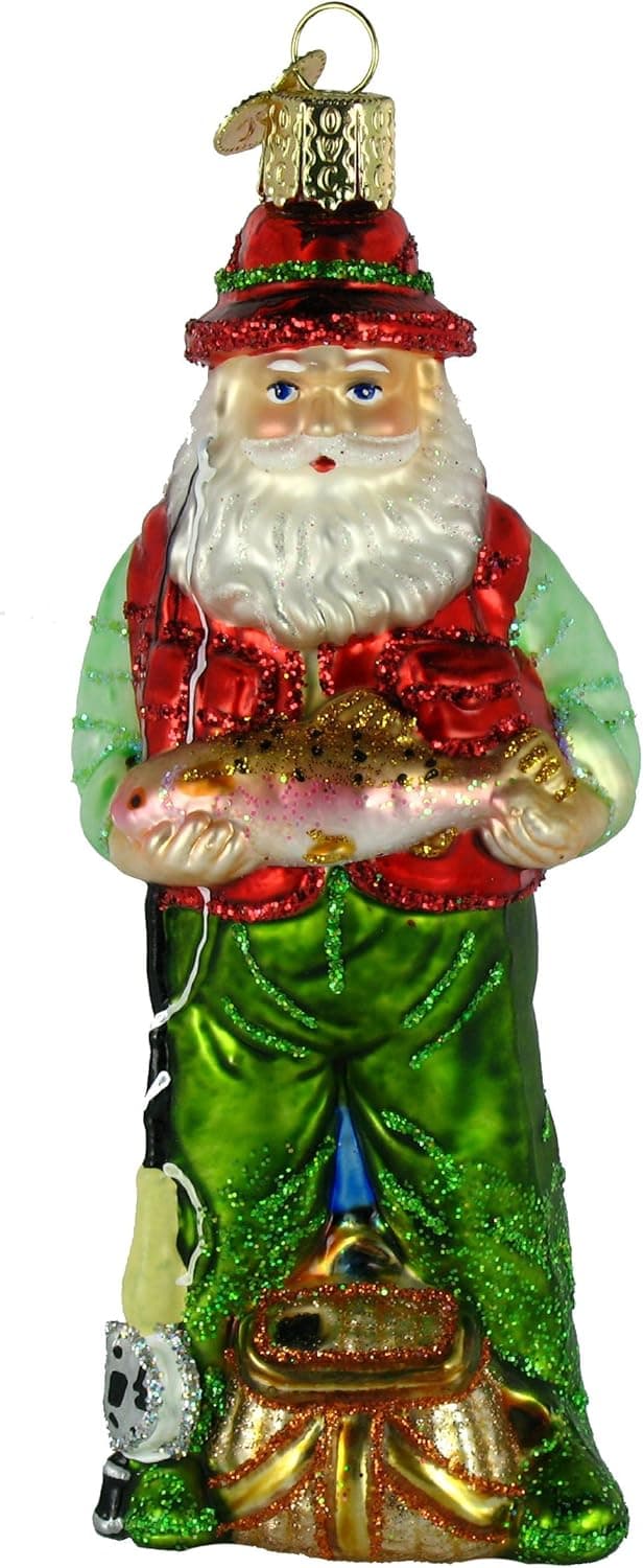 Old World Christmas Fly Fishing Santa Glass Blown Ornament for Christmas Tree, Handcrafted Holiday Decoration, Fisherman Collection