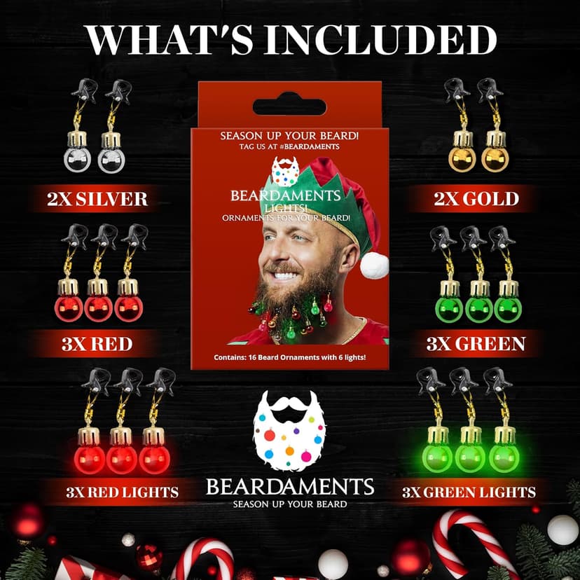 Beard Lights - Light-Up Beard Ornaments for Men - Colorful Christmas Beard Baubles with Easy Clip Attachment - Funny Christmas Ornaments - 16pc