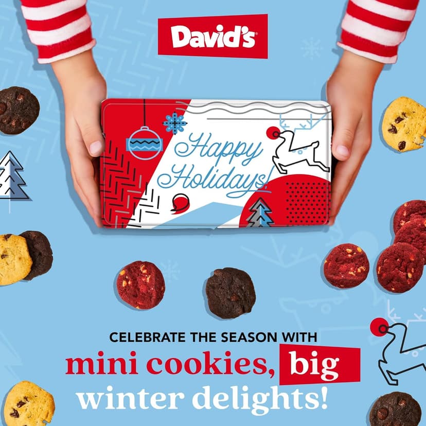 David's Cookies Christmas Cookies Gift Box - Fresh Baked Assorted Mini Cookies in Winterwonderland Tin with Chocolate Chip, White Chocolate Chip & Red Velvet - Gourmet Holiday Food Gift Basket