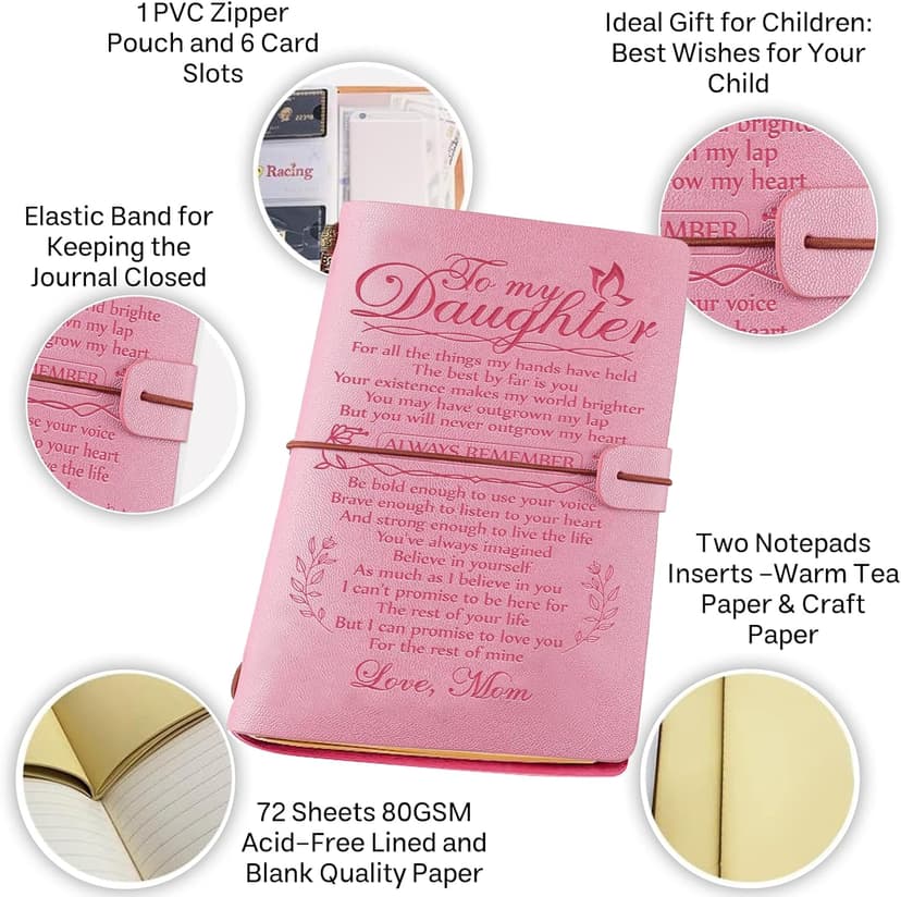 Daughter Gift from Mom, To My Daughter Leather Journal, 140 Page Refillable Writing Journal, Christmas Birthday Gifts for Daughter from Mom, Mother Daughter Gifts for Adults Daughter(Pink)