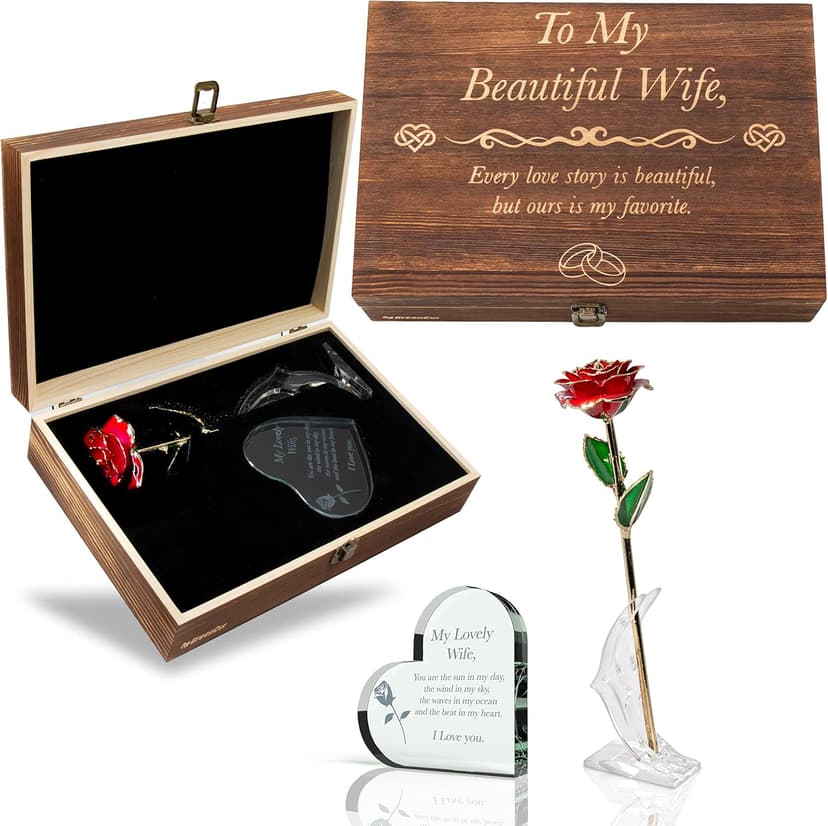 Anniversary for Wife Engraved Wooden Gift Set 'To My Beautiful Wife' Includes Crystal Engraved Heart 24K Gold Dipped Rose for Birthday Gifts
