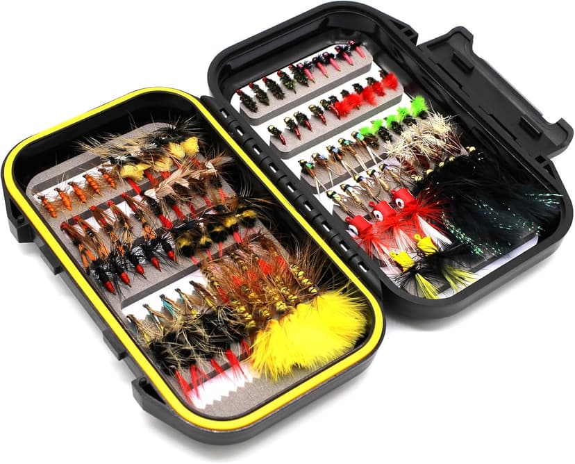 Fly Fishing Flies Assortment Kit Dry Wet Nyphms Tenkara Popper Streamer Woolly Bugger for Trout Bass Salmon Steelhead with Fly Box