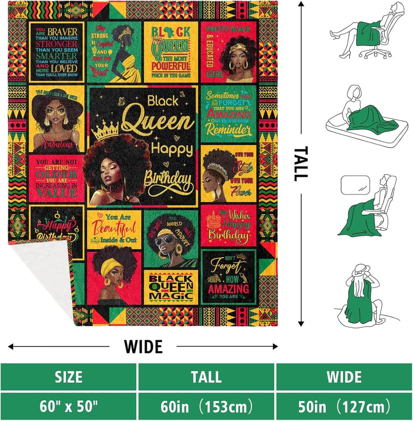 African American Birthday Gifts for Women, Birthday Black Lady Women Girl Positive Blanket 60"X50", Encouragement Inspirational Birthday Gifts, Afro Gifts Idea for Best Friend Healing Birthday Gifts