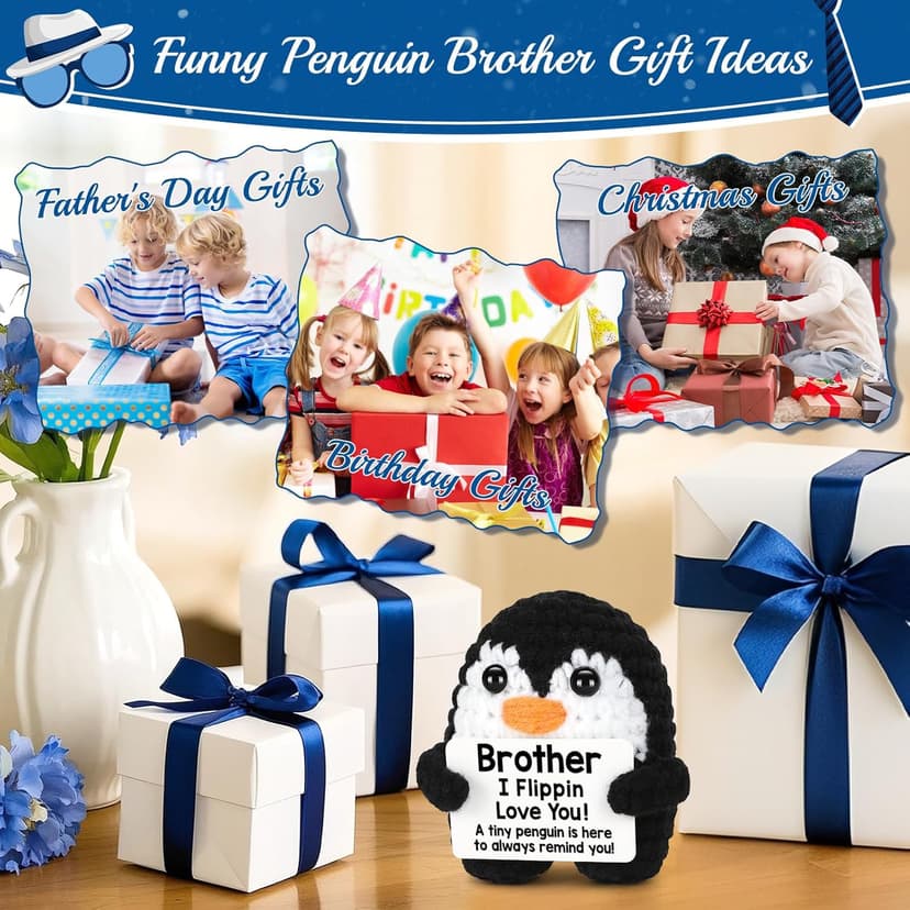 Mini Funny Brother Gifts from Sister Brother, Handmade Crochet Mini Penguin Birthday Gifts for Brother Boy Friend, I Love You Brother for Birthday Graduation Christmas Emotional Present