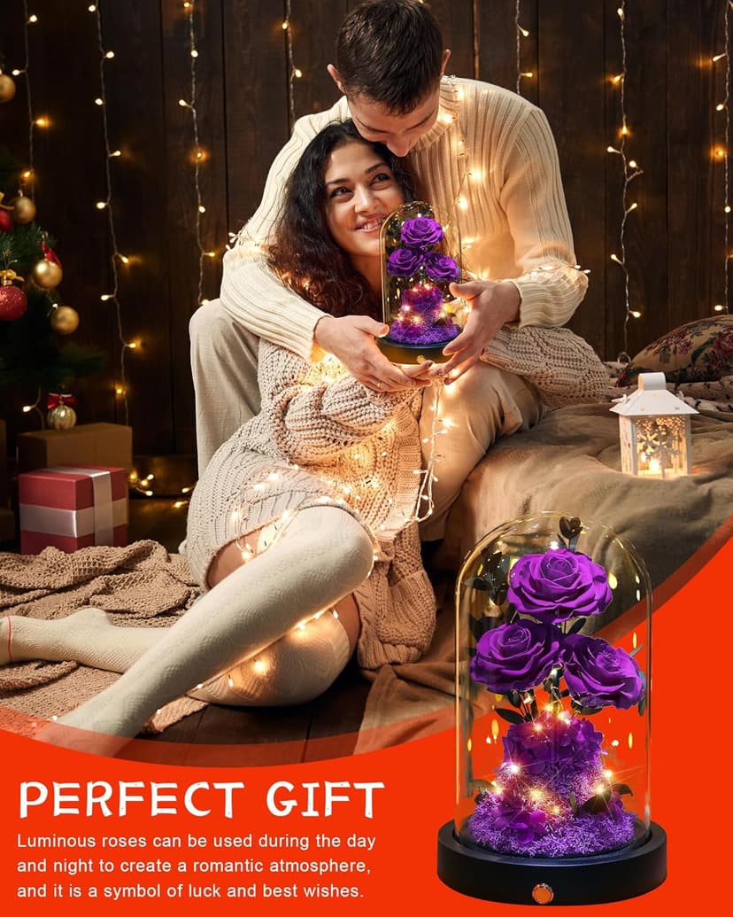 Christmas Flowers Roses Gifts for Mom,Forever Real Preserved Roses in Glass Dome,Christmas Anniversary Thanksgiving Gifts for Wife Girlfriend Women Best Friend Grandma/Purple Rose