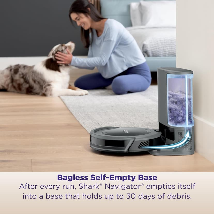 Shark Navigator Robot Vacuum and Self-Empty Base with Bagless 60-Day Capacity Self-Empty Base, SmartPath Navigation, Powerful Pet Hair Pickup, Anti-Hair Wrap, For Carpets & Hard Floors, Grey, RV2120AE