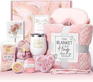 Birthday Gifts for Women Self Care Gifts Get Well Soon Gifts, Rose Relaxing Spa Gifts Basket Care Package w/ Luxury Flannel Blanket, Unique Mothers Day Gifts for Mom Her Friend Sister Wife Grandma