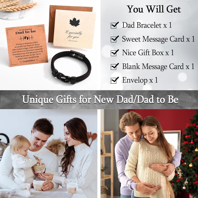 New Dad Gifts for Men, First Time Parents Gift Dad to Be Gift for Father's Day Birthday Christmas, Leather Bangle Bracelet for Daddy Him Husband