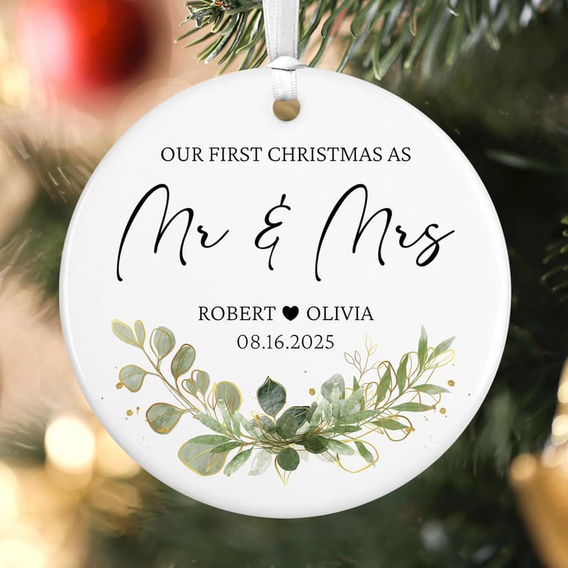 Personalized Our First Christmas as Mr and Mrs Double-Sided Ornament 2025, Custom Photo Ceramic Ornament, First Christmas Married Keepsake, Wedding Gift for Newlywed Couple
