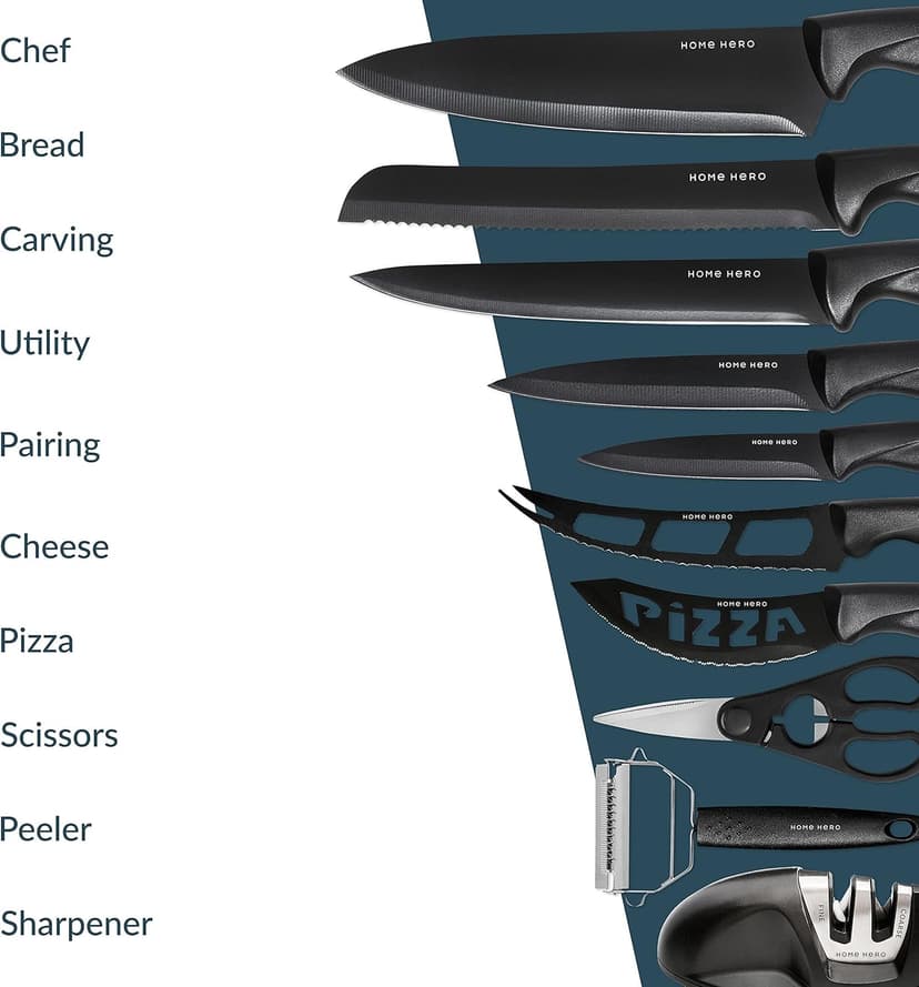 Home Hero Kitchen Knife Set with Sharpener - High Carbon Stainless Steel Knife Block Set with Ergonomic Handles (20 Pcs - Black)